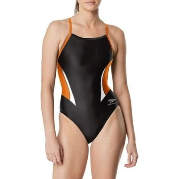 Speedo Women S Edge Splice One-Piece Swimsuit, Black/Orange, 26 NWT - Picture 1 of 7